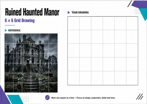 Ruined Haunted Manor Grid Drawing Worksheet | Gothic Halloween Art KS3 KS4