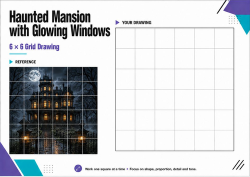 Haunted Mansion with Glowing Windows Grid Drawing | Halloween Art Worksheet