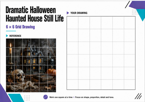 Halloween Haunted House Still Life Grid Drawing | KS3 KS4 Art Worksheet