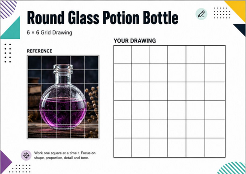 Round Glass Potion Bottle Grid Drawing Worksheet | KS3 KS4 Halloween Art