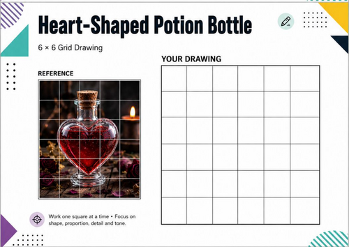 Heart-Shaped Potion Bottle Grid Drawing Worksheet | Halloween Art