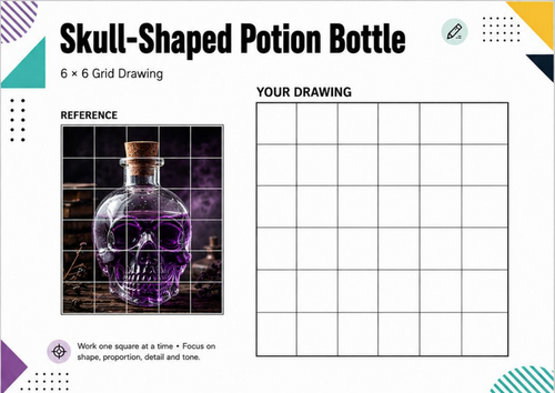 Skull-Shaped Potion Bottle Grid Drawing Worksheet | Halloween Art Activity