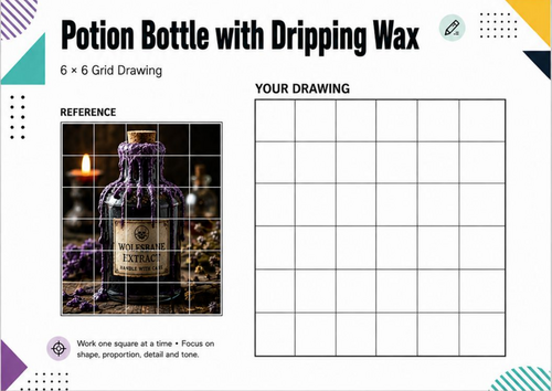 Potion Bottle with Dripping Wax Grid Drawing Worksheet | Halloween Art