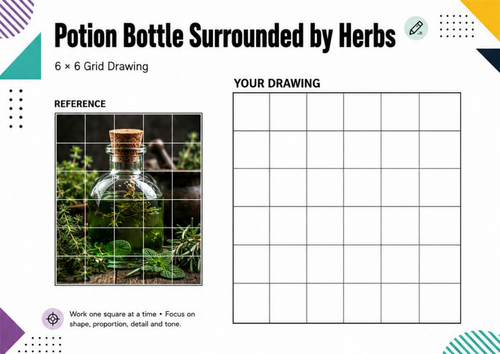 Potion Bottle & Herbs Grid Drawing Worksheet | Halloween Art KS3 KS4
