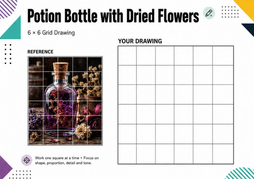 Potion Bottle with Dried Flowers Grid Drawing Worksheet | KS3 KS4 Art