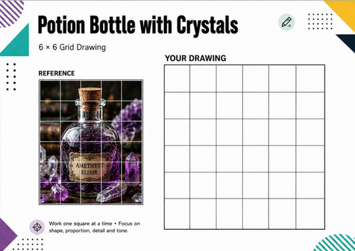 Potion Bottle with Crystals Grid Drawing Worksheet | Halloween Art Activity