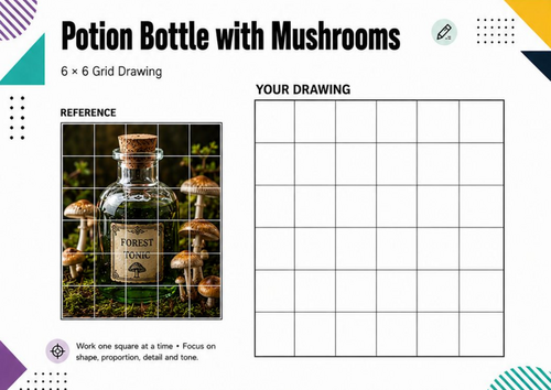 Potion Bottle with Mushrooms Grid Drawing Worksheet | Halloween Fantasy Art