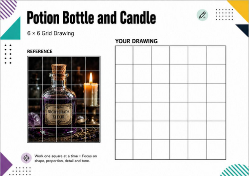 Potion Bottle and Candle Grid Drawing Worksheet | Halloween Art KS3 KS4