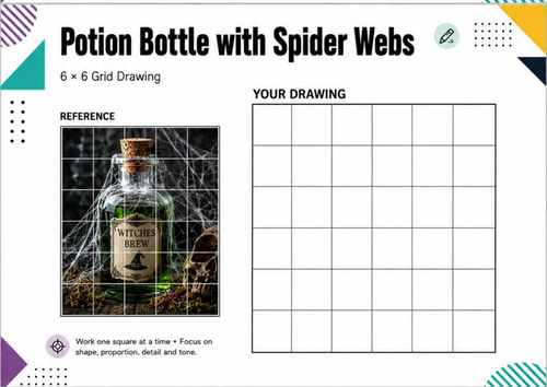 Potion Bottle with Spider Webs Grid Drawing Worksheet | Halloween Art
