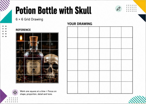 Potion Bottle and Skull Grid Drawing Worksheet | Halloween Art Activity
