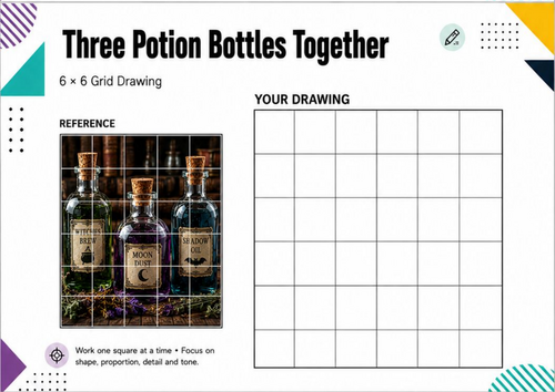 Three Potion Bottles Grid Drawing Worksheet | Halloween Still Life Art