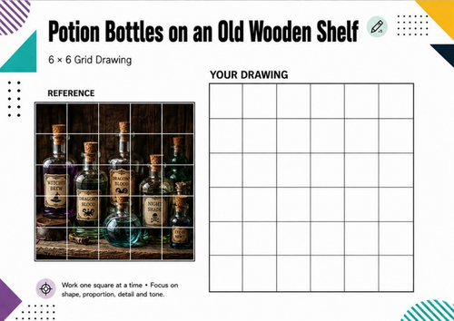 Potion Bottles on Wooden Shelf Grid Drawing Worksheet | Halloween Art