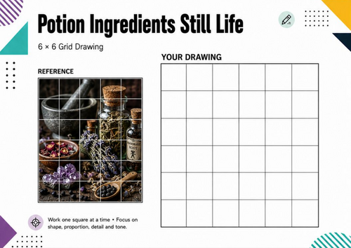 Potion Ingredients Still Life Grid Drawing Worksheet | Halloween Art