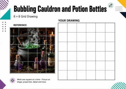 Bubbling Cauldron & Potion Bottles Grid Drawing | Halloween Art Worksheet