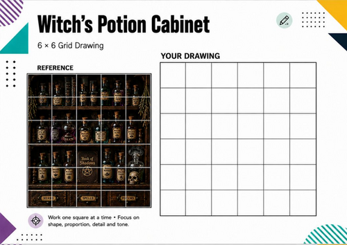 Witch’s Potion Cabinet Grid Drawing Worksheet | Halloween Art Activity