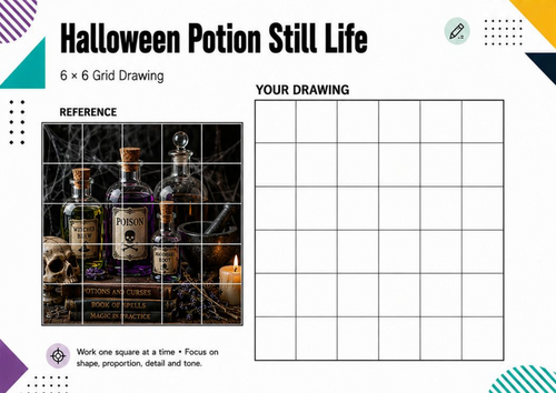 Halloween Potion Still Life Grid Drawing Worksheet | KS3 KS4 Art