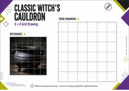 Witch’s Cauldron Grid Drawing Worksheet | Halloween Art | KS3 & KS4