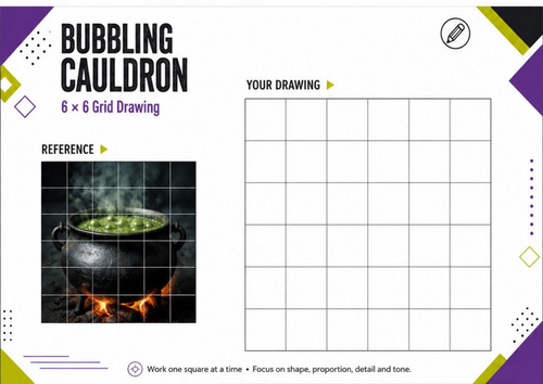 Bubbling Cauldron Grid Drawing Worksheet | Halloween Art Activity | KS3 KS4