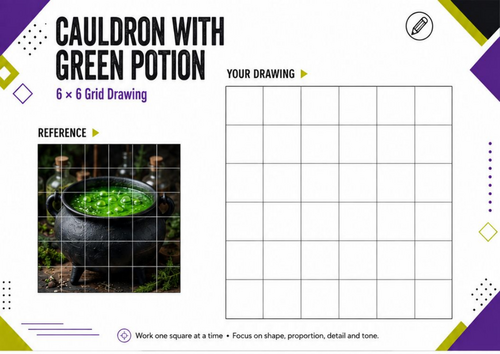 Green Potion Cauldron Grid Drawing | Halloween Art Worksheet | KS3 & KS4