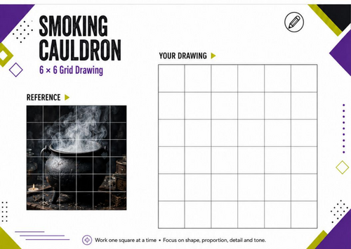 Smoking Cauldron Grid Drawing Worksheet | Halloween Pencil Drawing Activity