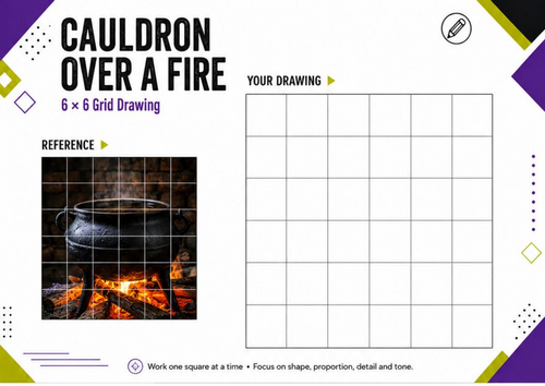 Cauldron Over a Fire Grid Drawing | Halloween Art Worksheet | KS3 KS4