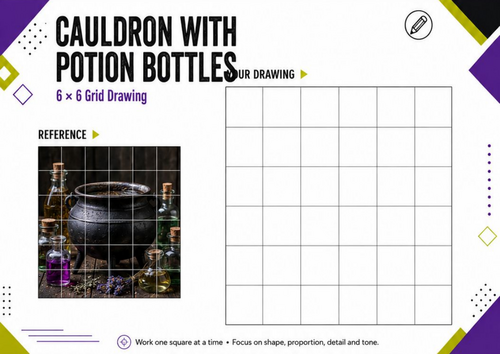 Cauldron & Potion Bottles Grid Drawing | Halloween Art Worksheet