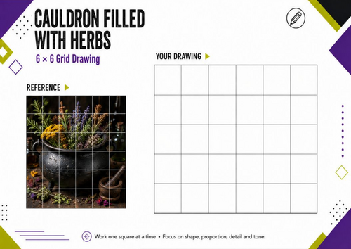 Cauldron with Herbs Grid Drawing Worksheet | Halloween Botanical Art