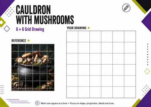 Cauldron & Mushrooms Grid Drawing Worksheet | Halloween Art Activity