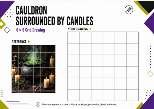 Cauldron & Candles Grid Drawing | Halloween Still Life Art Worksheet