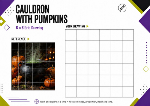 Cauldron & Pumpkins Grid Drawing Worksheet | Halloween Art | KS3 KS4