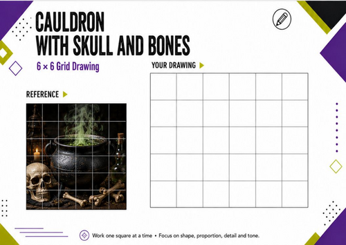 Cauldron Skull & Bones Grid Drawing | Halloween Art Worksheet | KS3 KS4
