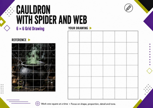 Cauldron Spider Web Grid Drawing | Halloween Art Worksheet | KS3 KS4