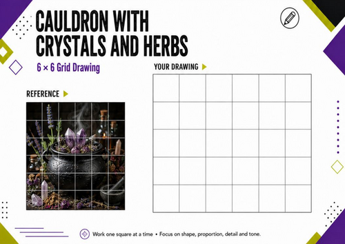 Cauldron Crystals & Herbs Grid Drawing | Halloween Art Worksheet