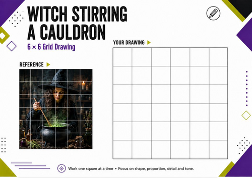 Witch Stirring a Cauldron Grid Drawing | Halloween Art Worksheet KS3 KS4