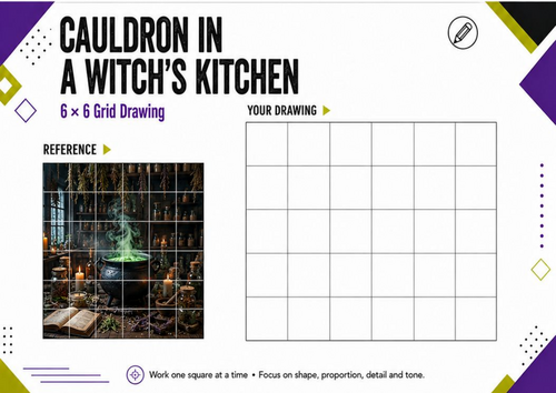 Witch’s Kitchen Cauldron Grid Drawing | Halloween Art Worksheet KS3 KS4
