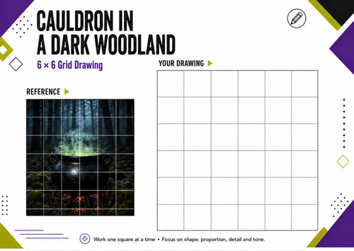 Woodland Cauldron Grid Drawing | Halloween Art Worksheet | KS3 KS4