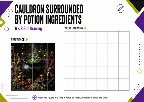 Cauldron & Potion Ingredients Grid Drawing | Halloween Art Worksheet