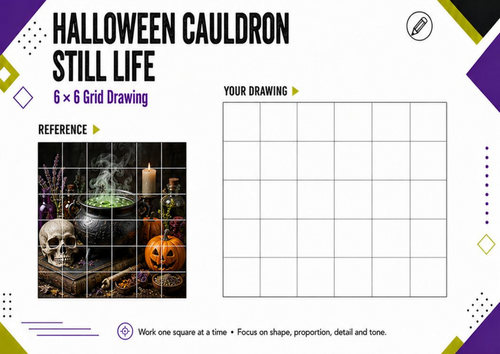 Halloween Cauldron Still Life Grid Drawing | Skull Pumpkin Art Worksheet