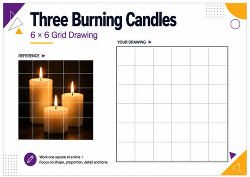 Three Burning Candles Grid Drawing Worksheet | KS3 KS4 Observational Art