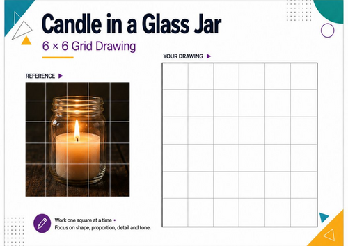Candle in a Glass Jar Grid Drawing Worksheet | Light & Reflection Art Activity