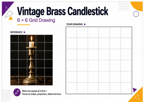 Vintage Brass Candlestick Grid Drawing Worksheet | KS3 KS4 GCSE Art