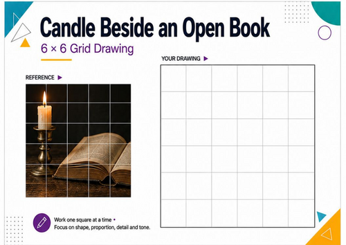 Candle & Open Book Still Life Grid Drawing Worksheet | KS3 KS4 Art
