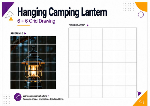 Hanging Camping Lantern Grid Drawing Worksheet | Light & Tone Art Activity