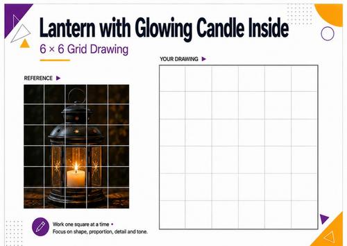 Glowing Candle Lantern Grid Drawing Worksheet | KS3 KS4 Observational Art