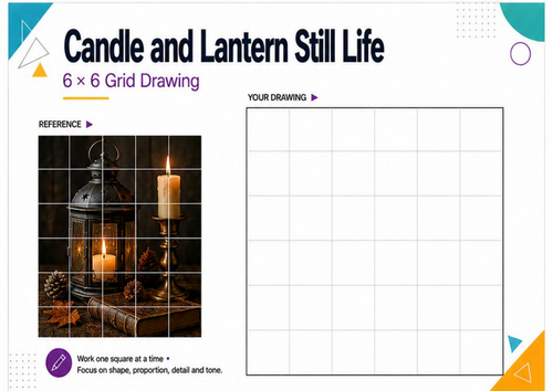 Candle & Lantern Still Life Grid Drawing Worksheet | KS3 KS4 GCSE Art