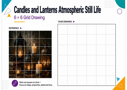Candles & Lanterns Still Life Grid Drawing Worksheet | Advanced KS3 KS4 GCSE Art