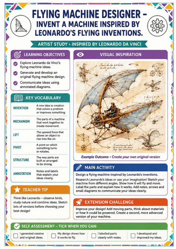 Leonardo da Vinci Flying Machine Art Worksheet – Invention & Design KS3