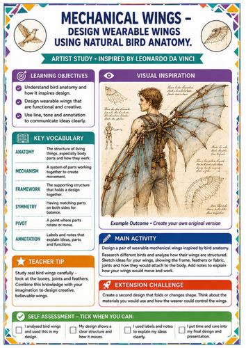 Leonardo da Vinci Mechanical Wings Art Worksheet – Bird Anatomy & Design KS3