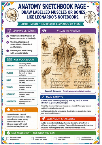 Leonardo da Vinci Anatomy Art Worksheet – Muscles & Bones Sketchbook Study KS3
