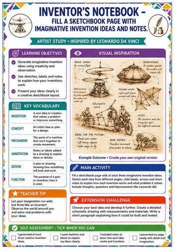 Leonardo da Vinci Inventor’s Notebook Worksheet – Creative Design & Annotation KS3
